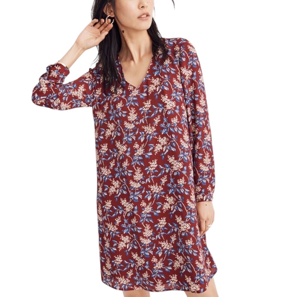 Madewell Burgundy Button-Back Dress Antique Floral Long Sleeve Shift Dress Small